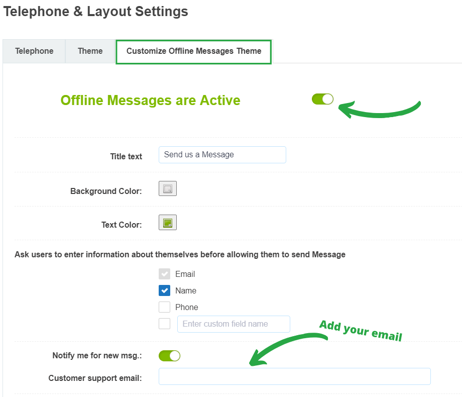 activate the message form of the live chat alternative widget